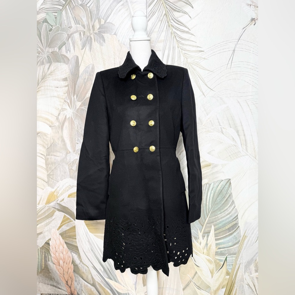 Emilio Pucci Black Wool Double Breasted Pea Coat with Bead Detail Work